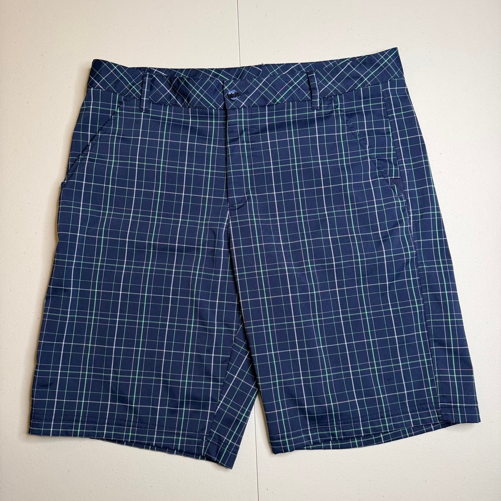 Fila Sport Golf Shorts Mens‎ 36 Navy Blue Green Plaid Performance Flat Front